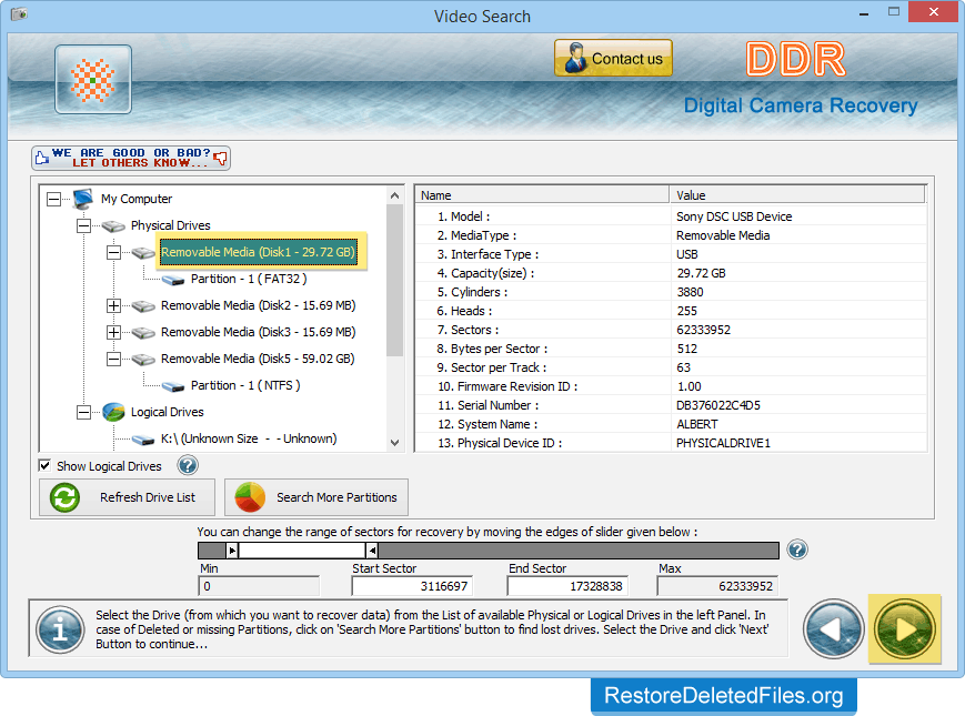 Select Drive Restore Files - Digital Camera