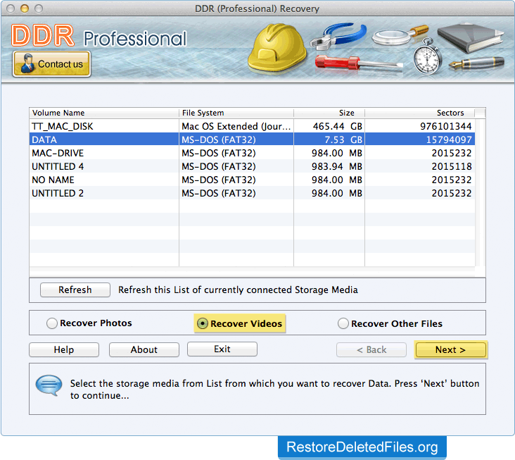 Select Storage Media Mac Restore Files - DDR Professional