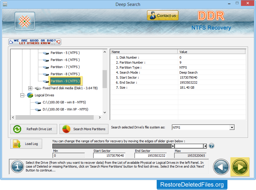 Select Drive Restore Files - NTFS Partition