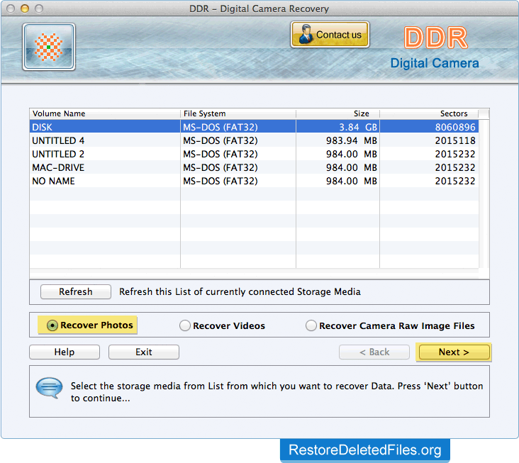 Select Storage Media Mac Restore Files - Digital Camera